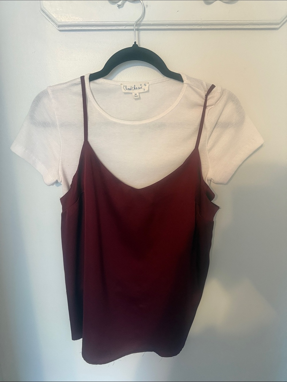 Cloud Chaser Burgundy Satin Cami with White Tee Layer